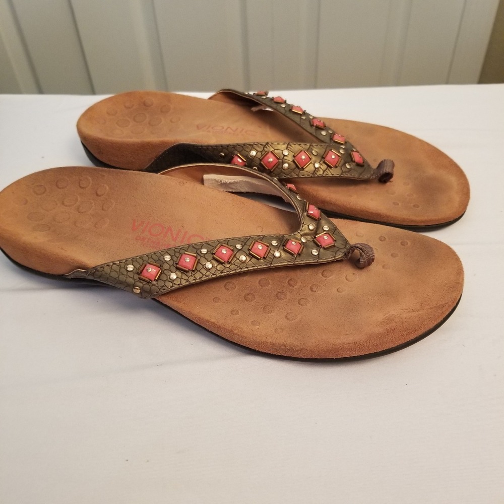 Vionic Orthaheel Bronze Pink Studded Thong Sandals Women Sz10 Orthotic Flip Flop - Picture 2 of 7